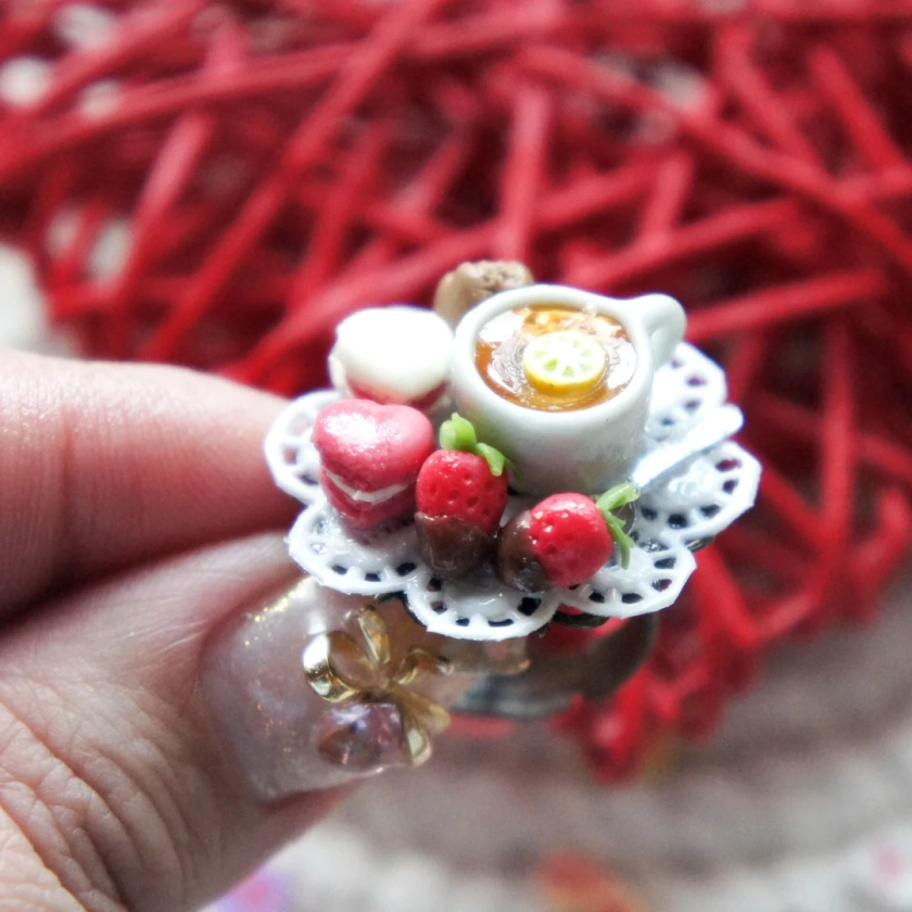 Valentine's French Macarons and Strawberries Tea Ring- miniature food jewelry, tea cup ring