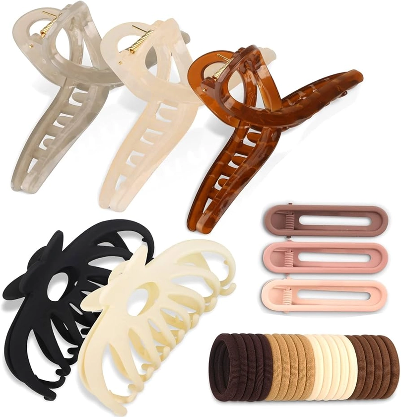 Hair Claw Clips for Women,Set of 5Pcs Large Hair Clips with 20 Hair Bands 3 Small Claw Clips Non-slip with Comb Teeth Strong Hold