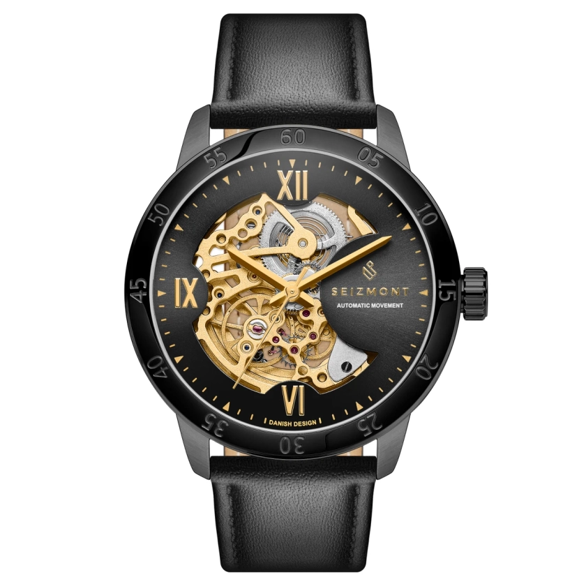 Dante II | Montre squelette en acier inoxydable couleur noir et or avec bracelet en cuir | En stock! | Seizmont