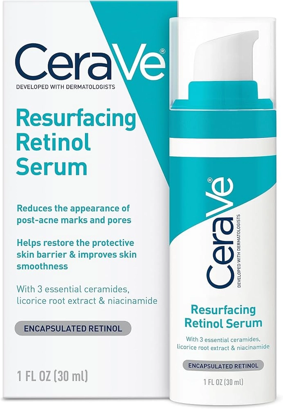 CeraVe Retinol Serum for Post-Acne Marks and Skin Texture | Pore Refining, Resurfacing, Brightening Facial Serum with Retinol | 1 Ounce
