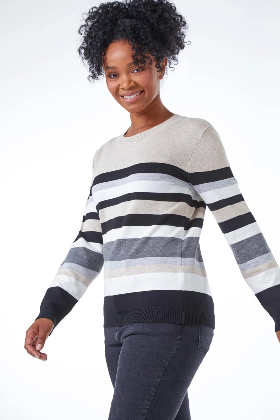 Petite Stripe Round Neck Jumper in Stone | Roman UK