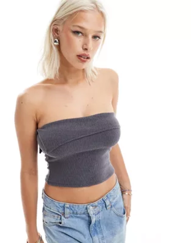COLLUSION rib bandeau top with foldover in charcoal | ASOS