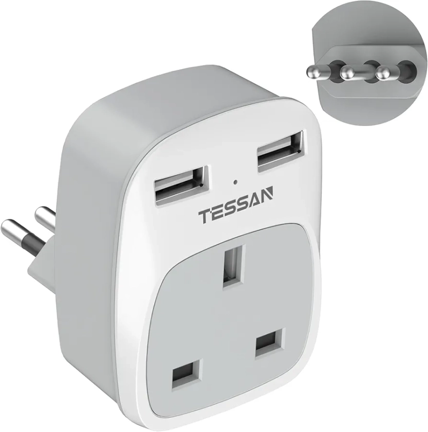 Italy Travel Plug Adapter, TESSAN UK to Italian Power Adaptor with AC Outlet 2 USB Charging Ports, Type L Plug for UK to Italy Chile Ethiopia Libya Syria Tunisia Uruguay