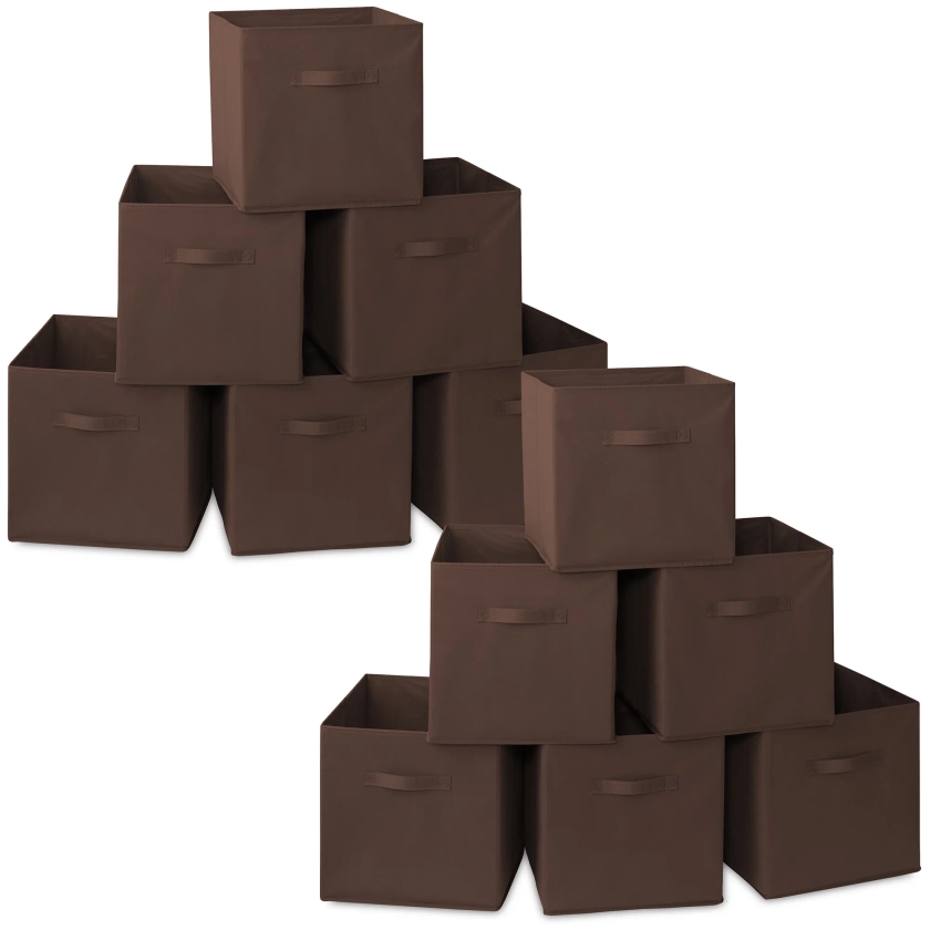 Casafield Set of 12 Fabric Storage Cube Bins, Brown - 13" Collapsible Foldable Cloth Baskets for Shelves and Cubby Organizers