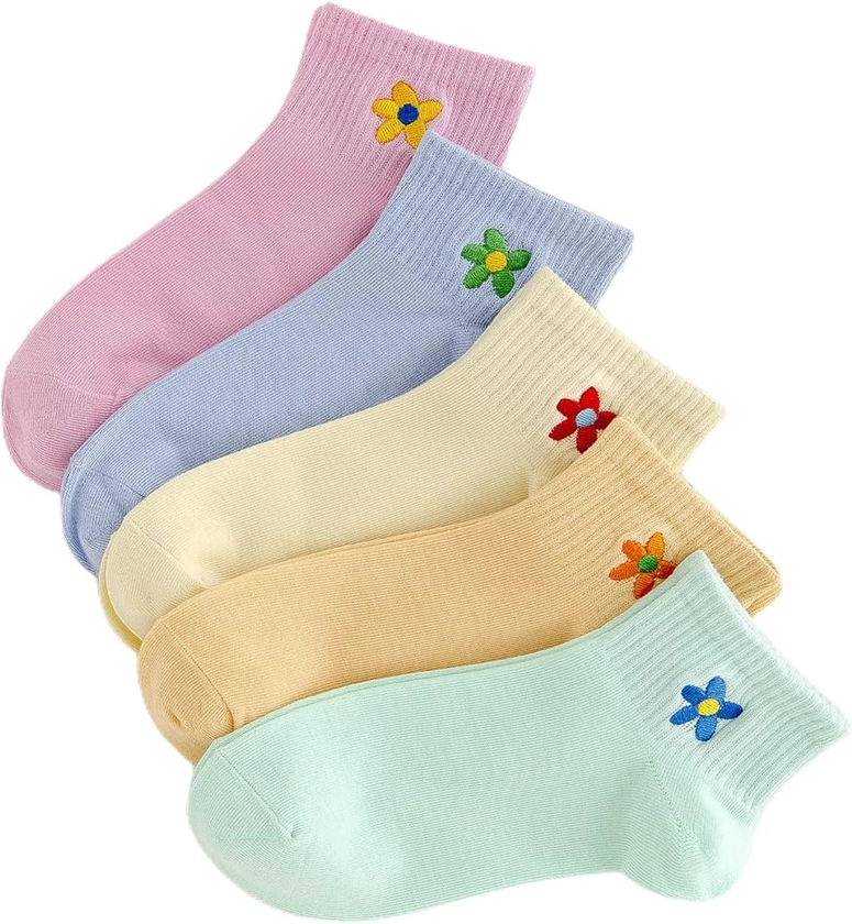 Verdusa Women's 5 Pairs Flower Embroidery Toe seamed Soft Crew Socks