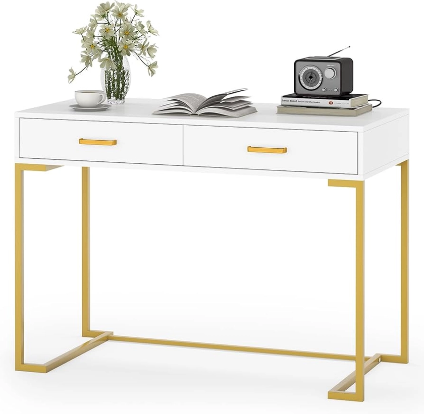 Tribesigns Computer Desk with 2 Drawers, 39.4” Modern Simple White and Gold Writing Desk Desk with Storage Drawers, Makeup Vanity Console Table Study Desk for Home Office