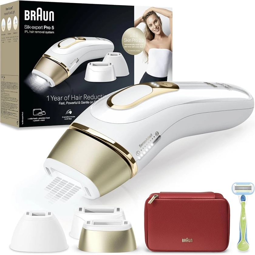 Épilateur À Lumière Pulsée Braun Silk·expert Pro 5, Épilation Semi-Définitive Des Poils, Alternative À L’épilation Au Laser, Avec Pochette, Rasoir Venus, 3 Têtes, Cadeau Pour Femme, Or/Blanc, PL5262