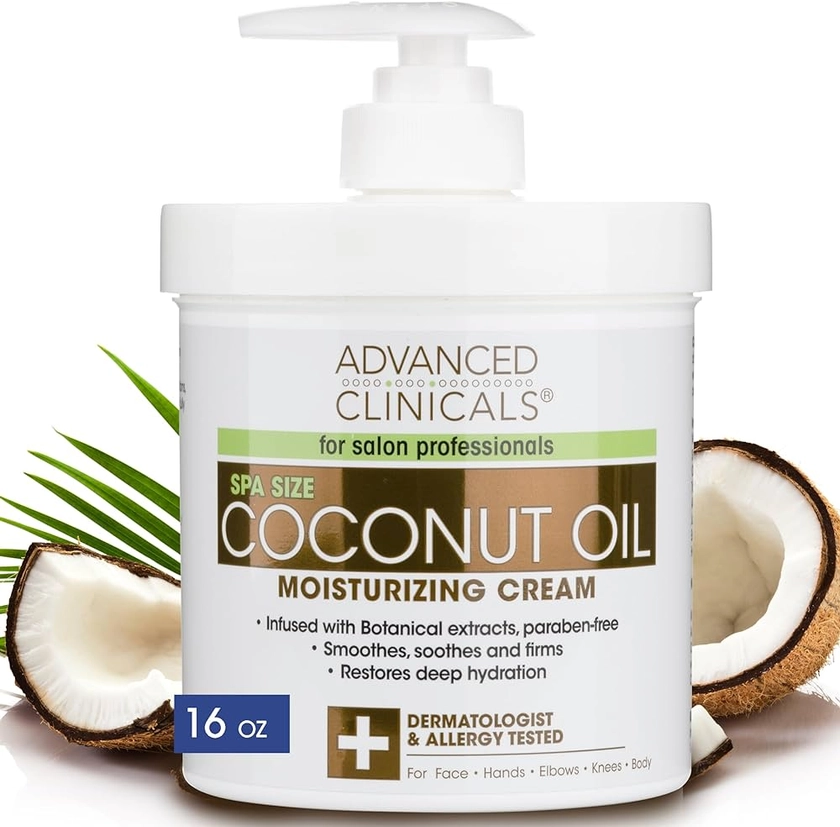 Amazon.com : Advanced Clinicals Coconut Oil Cream. Spa size 16oz Moisturizing Cream. Coconut Oil for Face, Hands, Hair. : Body Gels And Creams : Beauty & Personal Care
