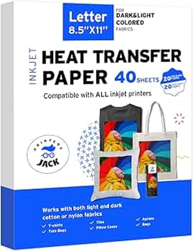 Printers Jack Iron-On Heat Transfer Paper Dark & Light Bundle, 20 for Dark Fabric + 20 for Light Fabric, 8.5"x 11" T-Shirt Transfer Paper for Inkjet Printer Wash Durable, Long Lasting Transfer