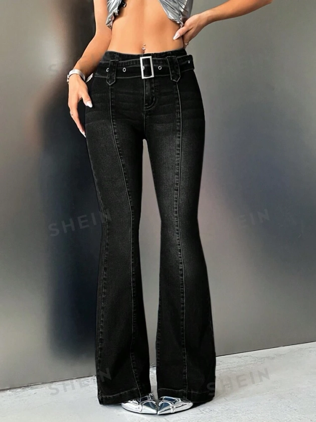 SHEIN ICON Low Waisted Belt Design Boot Cut Jeans