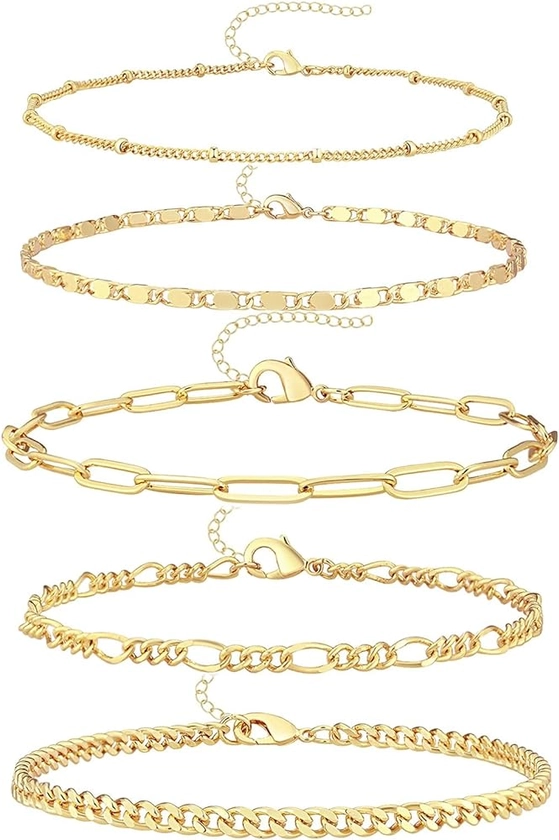 Amazon.com: Gokeey Reoxvo Gold Bracelets Jewelry Gifts Set for Women Fashion Dainty Gold Adjustable Layered Link Chain Bracelet Pack for Women 14K Real Gold Cute 5pcs: Clothing, Shoes & Jewelry