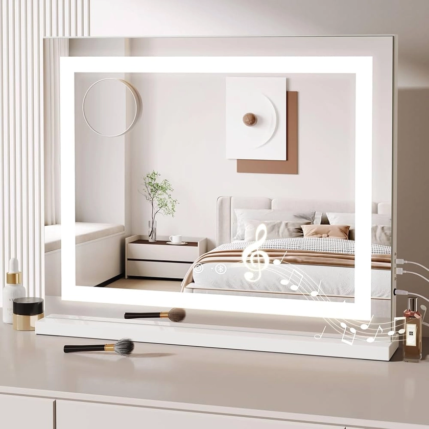 Dripex Miroir Maquillage Lumineux Blutooth 58 x 48cm, Miroir LED, Miroir Coiffeuse, Contrôle Tactile, 3 Modes Luminosité, Miroir Hollywood, Miroir de Table et de Mur Type C et USB- Blanc