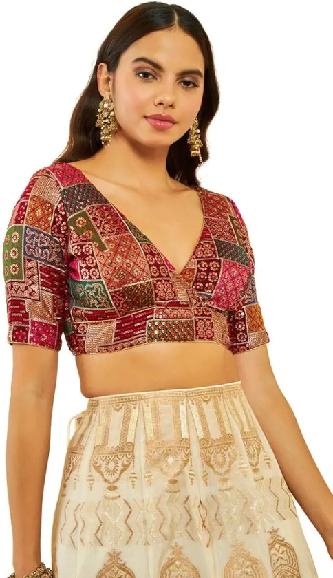 Soch Womens Maroon Tussar Sequin Embroidered V-Neck Back-Open Blouse : Amazon.in: Fashion