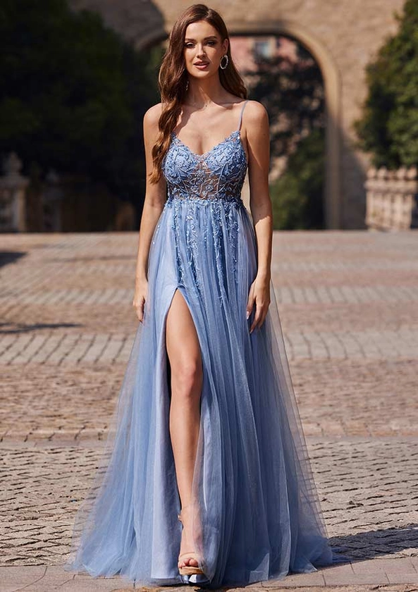 A-line Tulle Prom Dress V Neck Sweep Train with Beading Sequins Split