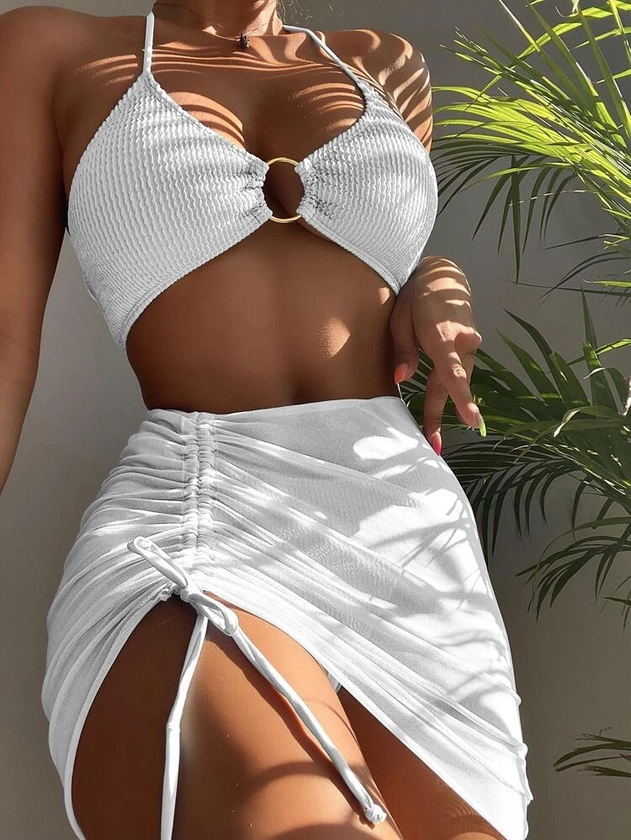 3pack Textured Ring Linked Bikini Swimsuit With Beach Skirt: White