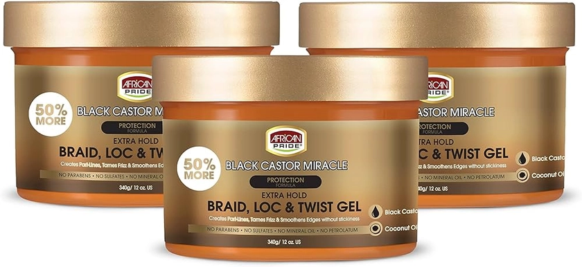 African Pride Black Castor Miracle Extra Hold Braid, Loc, Twist Gel (3 Pack) - Tames Frizz & Controls Edges, No Parabens Sulfates, Mineral Oil, Petrolatum, Contains Black Castor & Coconut Oil, 12 oz