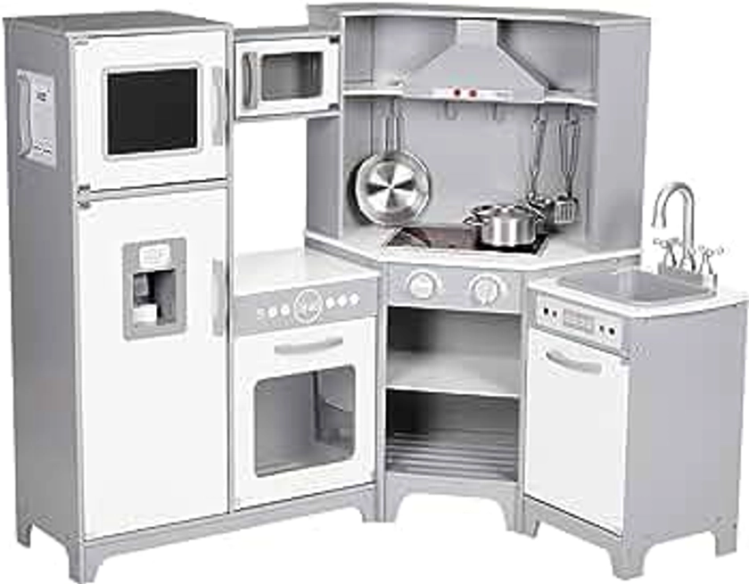 Amazon Basics Kids Corner Wooden Kitchen Toy Playset with Stove, Oven, Sink, Fridge and Accessories, for Toddlers, Preschoolers, Children Age 3+ Years, White & Gray, 39.37"L x 28.35"W x 35.04"H