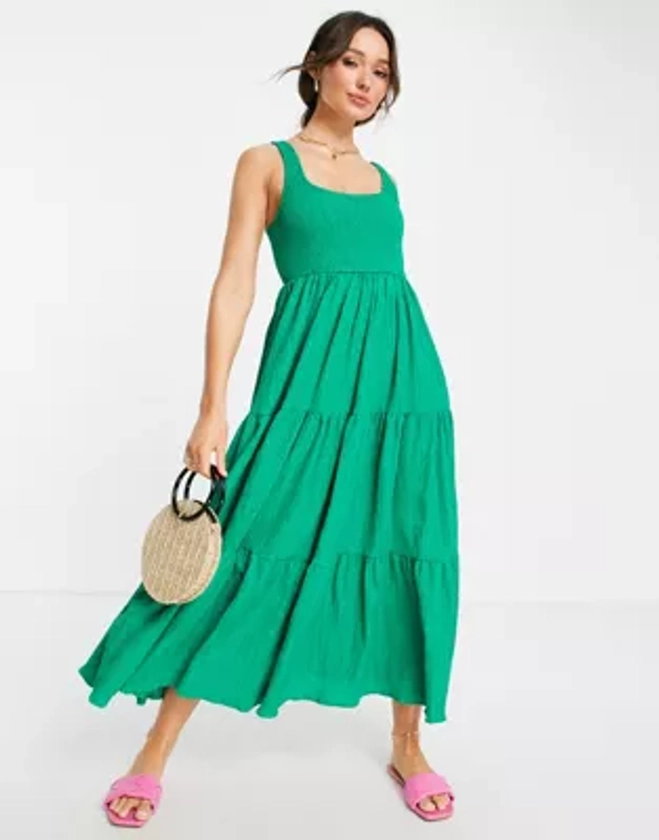 ASOS DESIGN - Robe longue froncée avec volants et rayures texturées - Vert vif | ASOS