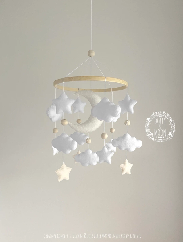 Moon Stars Cloud nursery baby mobile, Starry night baby mobile, stars clouds crib mobile, neutral nursery décor