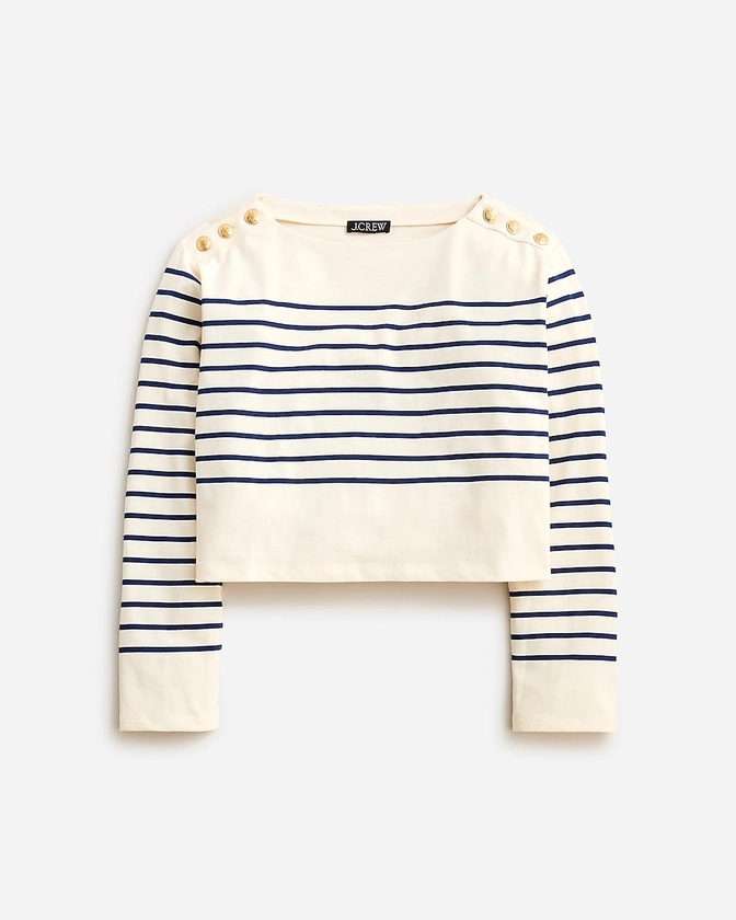 Cropped boatneck T-shirt with buttons in mariner cotton