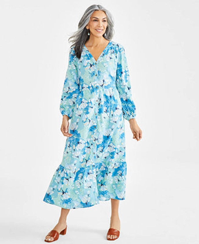 Style & Co Women's Printed Linen Tiered Midi Dress, Regular & Petite, Created for Macy's - Macy's