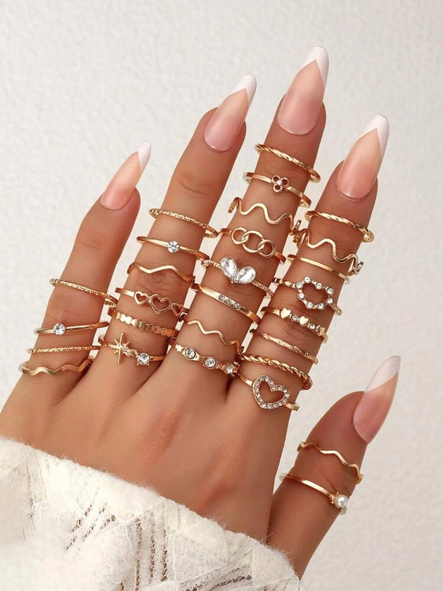 28pcs/Set Women's Ring Set, Elegant Bohemian Style, Love Theme, Alloy Inlaid With Rhinestone, Geometric & Heart-Shaped Design, Perfect For Daily Wear And Gift Giving | SHEIN UK