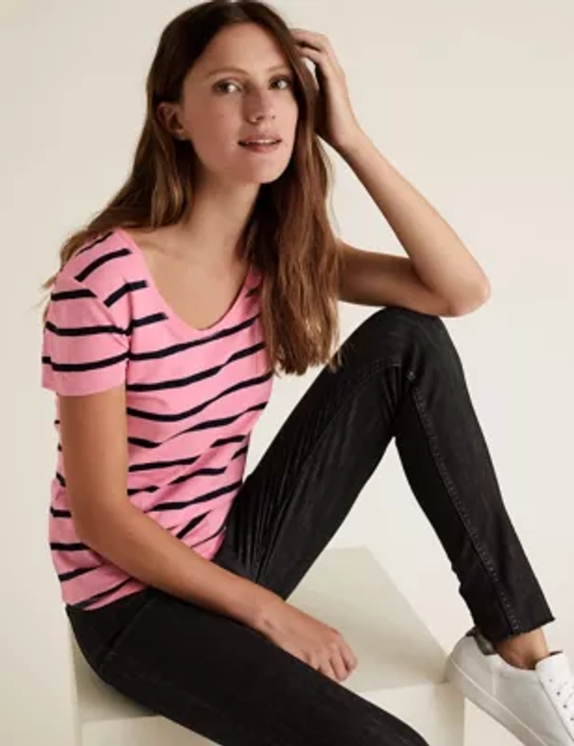 Pure Cotton Striped Scoop Neck T-Shirt | M&S Collection | M&S