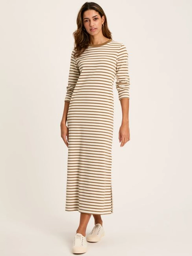 Cleo Tan Brown Striped Long Sleeve Jersey Midi Dress