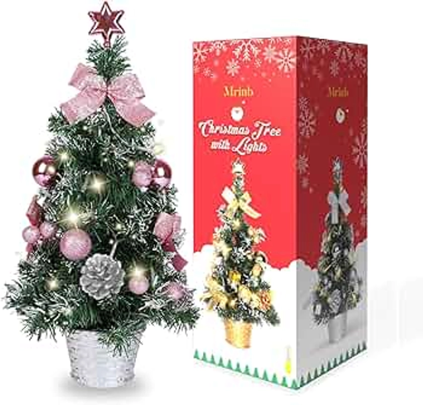 Mrinb 45CM Small Christmas Tree with Lights,Mini Desktop Decoration Tree with Star Tree Topper, Balls, Bows, Pine Cones for Home Office Shopping Bar Christmas Decorations (Pink)