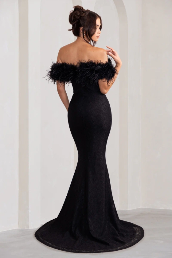 Idyll | Black Lace Bardot Feather Fishtail Maxi Dress