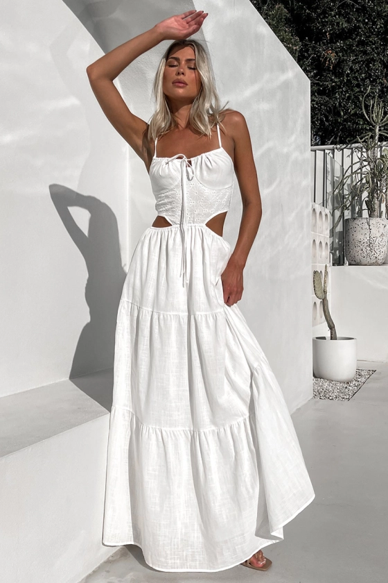 Spaghetti Strap Front Tie Up Cutout A-Line Maxi Dresses-White