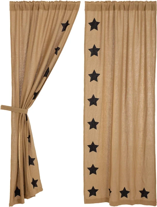 Burlap Natural with Black Stars Primitive 84"x40" Panel Pair Tan Rod Pocket Stenciled Cotton Tie Back(s) Window Curtains