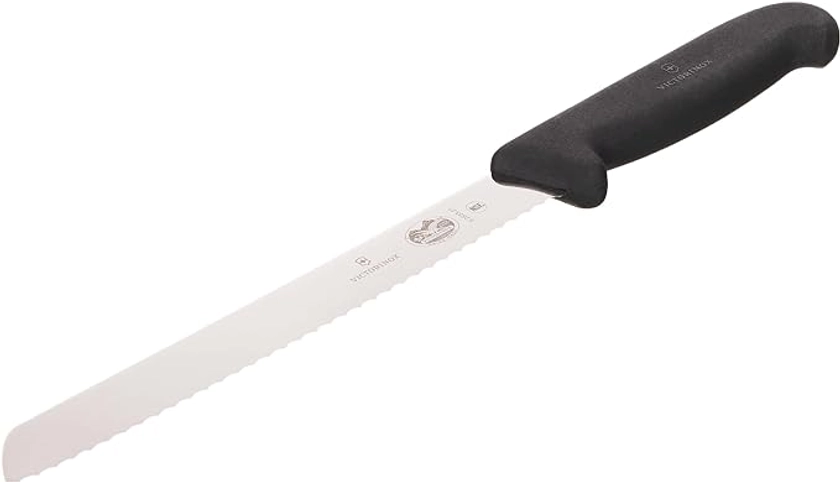 Victorinox Couteau de Cuisine, Couteau à Pain avec Tranchant Denté Couteau Fibrox, Aluminium, Lame de 21 cm, Noir