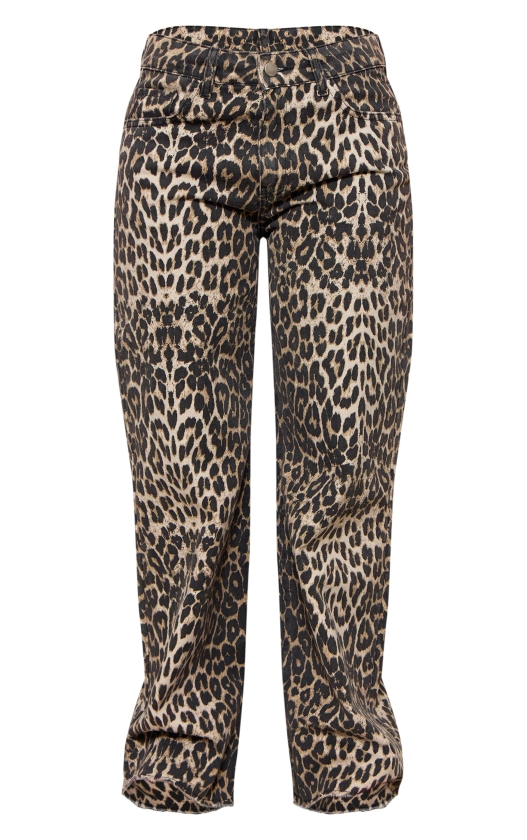 Petite Brown Leopard Print Denim Wide Leg Jeans