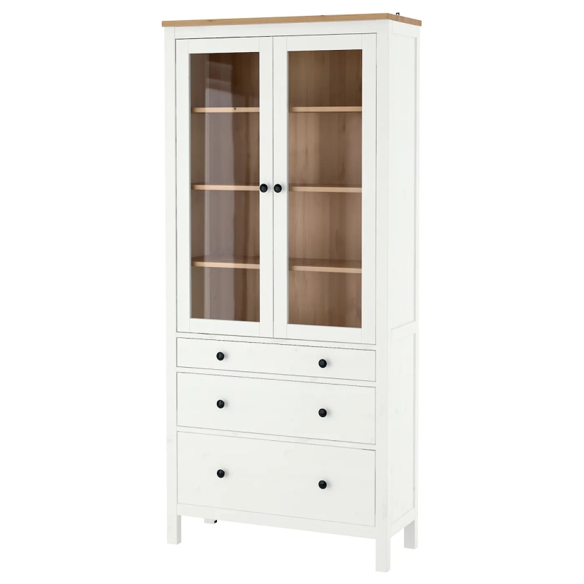 HEMNES Glass-door cabinet with 3 drawers, white stain, light brown, 35 3/8x77 1/2" - IKEA
