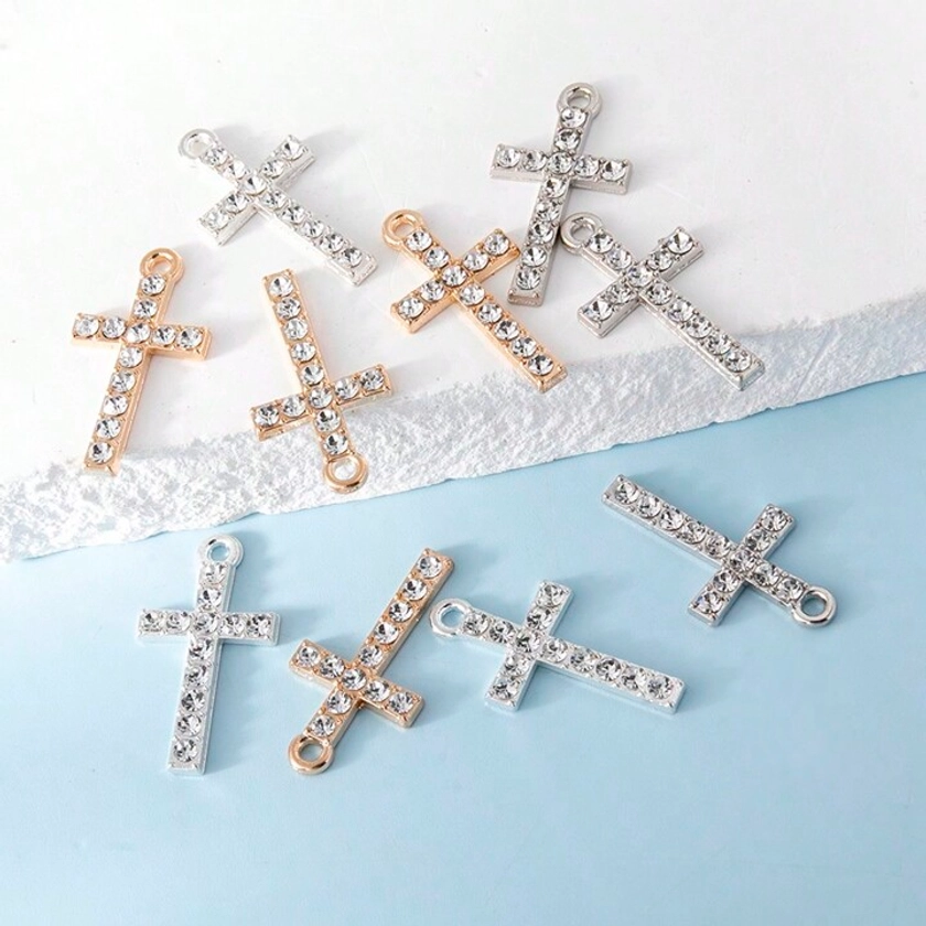 10pcs Fashionable Crystal & CZ Stone Inlaid Cross Pendant, Suitable For DIY Necklaces & Metal Chains, Best For Jewelry Making And Gifts