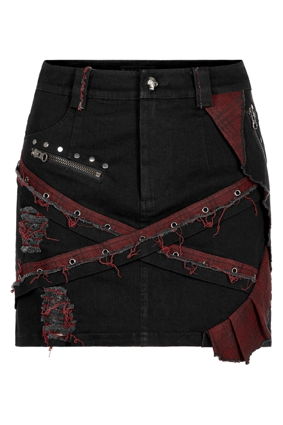Cordelia Worn-Out Black Red Gothic Mini Skirt by Punk Rave INCL PLUS SIZE - Gothic Skirts