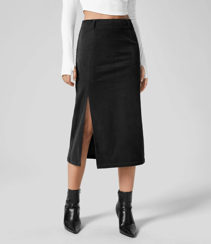 High Waisted Invisible Zipper Split Hem Midi Corduroy Casual Skirt