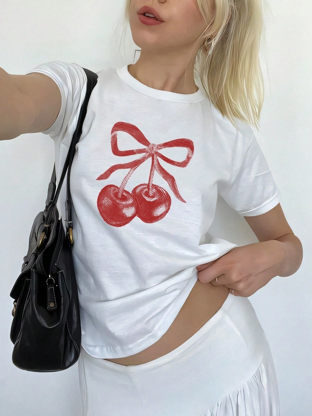 SHEIN EZwear Cherry And Bowknot Printed Regular T-Shirt
