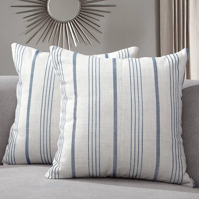 Amazon.com: Sunlit Decorative Farmhouse Throw Pillow Case, Set of 2 Cream/Off-White with Blue Stripes Modern Accent Square Pillow Cover, 20" x 20", Textured Linen Throw Pillow Case for Sofa Couch Chair Bedroom : Home & Kitchen