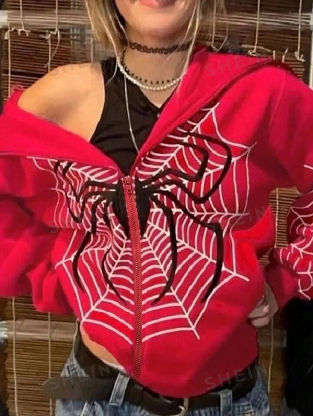 SHEIN EZwear Women's Spider Web Pattern Zip Up Hoodie