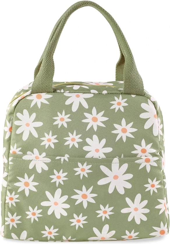 Steel Mill & Co Insulated Lunch Tote Bag for Women, Large Capacity Cooler Lunch Box, Lunch Bag for Adults, Mini Cooler with Zipper Closure, Pockets, and Sturdy Handles, Daisy Floral Green