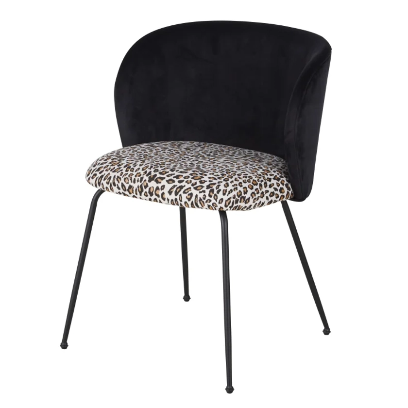 Chaise en velours noir jacquard léopard et pieds en acier noir Kate | Maisons du Monde