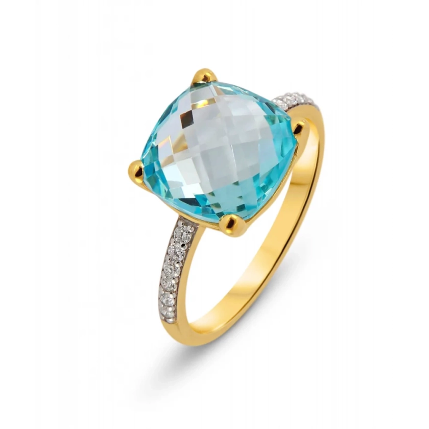 Bague Or Jaune 375 Topaze bleue traitée Coussin 10x10mm et Diamant Ref. 49387 | Bijouterie Trabbia Vuillermoz