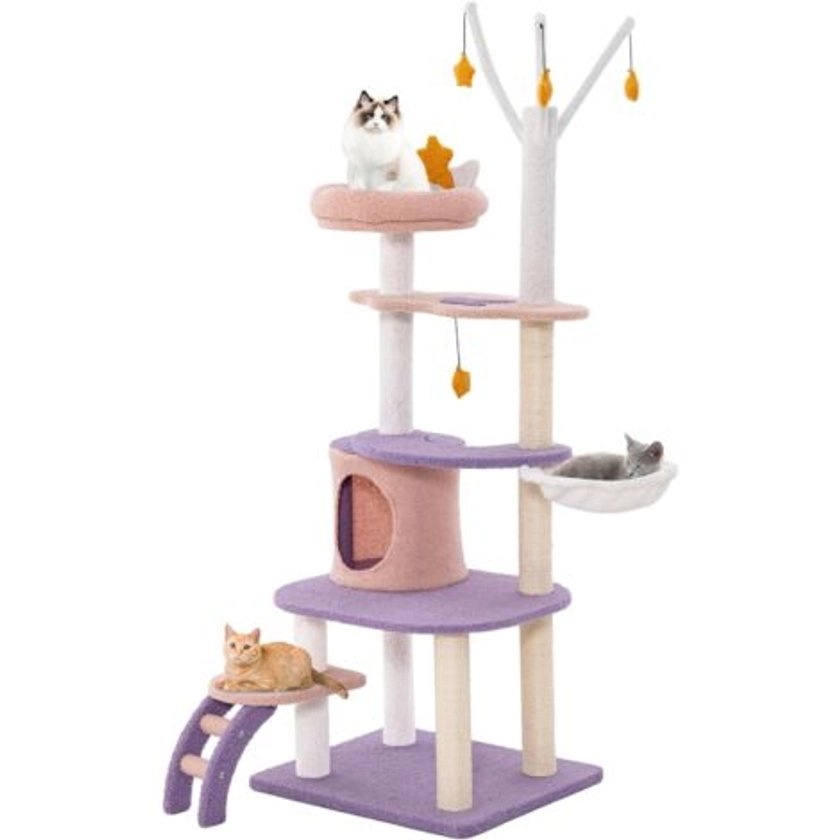 GOPLUS Arbre à Chat 158cm en Polaire Teddy, Griffoirs en Sisal, Perchoir Etoile de Lune, Condo, Hamac, Jouet Suspendu, 59x49x158cm