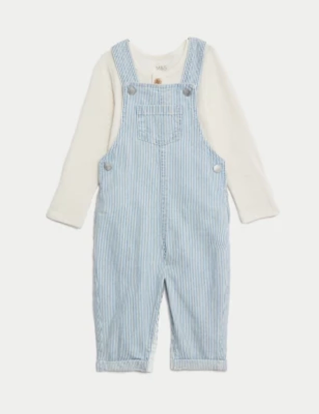 2pc Cotton Rich Striped Dungaree Outfit (0-3 Yrs) | M&S Collection | M&S