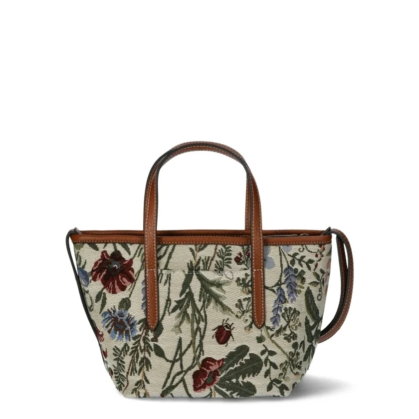 Time and Tru Women's Floral Vine Mini Tote Crossbody, Brown