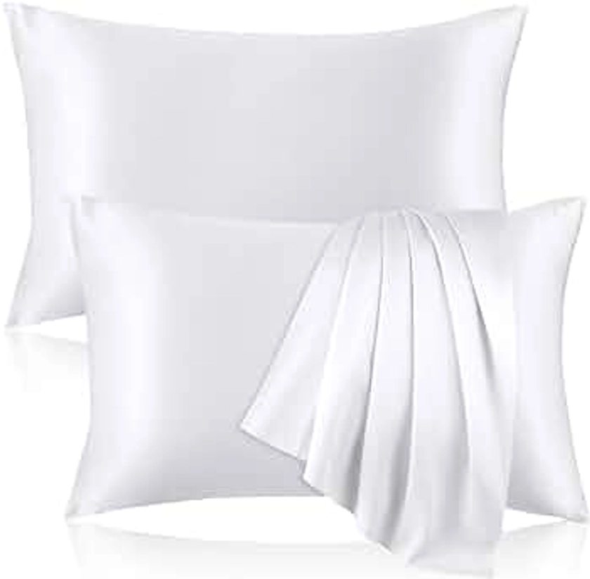 100% Pure Silk Pillowcase for Hair and Skin, Both Sides Mulberry Silk Pillowcases with Hidden Zipper, Cooling Pillowcase 19 Momme, 600 Thread Silk Pillow Cases Standard Size, 2PCS, White