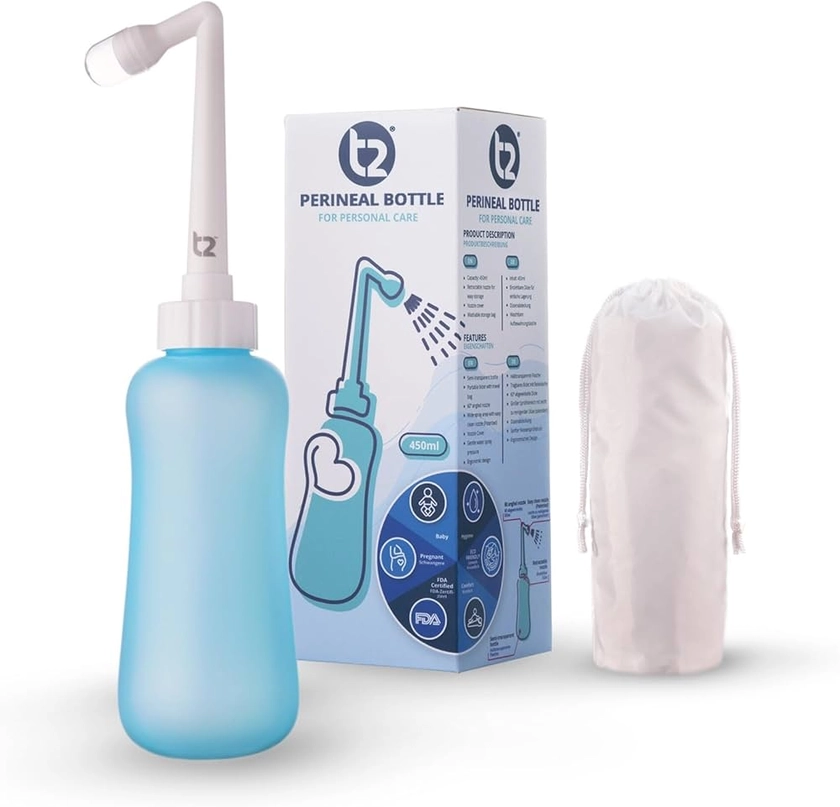 T2 Bouteille Périnéale - Bidet Portable Post-partum, Soulage Douleurs Périnée - Bouteille Compressible 450ml, Embout Coudé 60°, Sac Rangement Lavable - Trousse Maternité, Cadeaux pour Maman : Amazon.fr: Hygiène et Santé