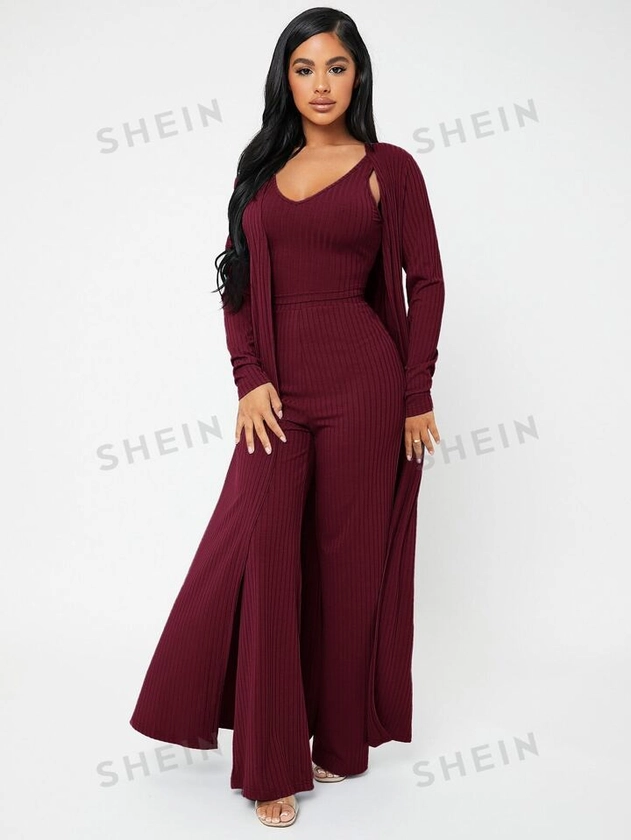 SHEIN SXY Open Front Rib-knit Coat & Pants Set With Camisole